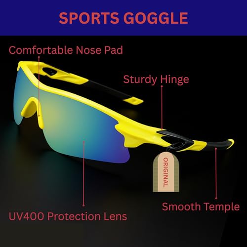 Image of Oversized Sports Goggles for Men & Women UV400 Protection Non Polarized Cycling Running Cricket Driving Fishing Outdoor Lightweight Wraparound Design Clear Vision Eyewear. (Yellow)