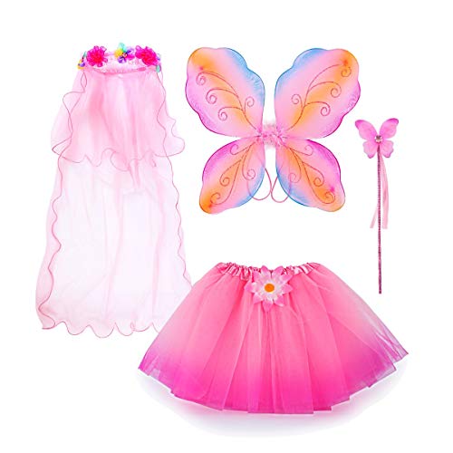 Fairy Costume, Sinuo Costume Set With Wings,Tutu,Wand and Veil Princess Set Fit Girls Age 3-8(Pink)