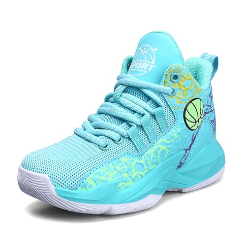 Kids Basketball Shoes High-top Sports Shoes Boys Sneakers Durable Lace-up Non-Slip Running Shoes Secure for Little Kids Big Kids Sky Blue