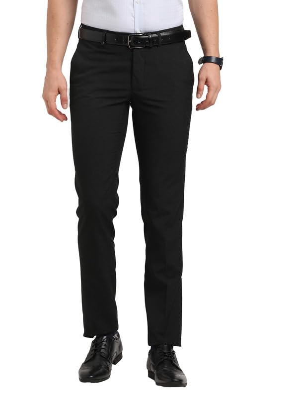 Image of Turtle Men Poly Viscose Charcoal Grey Solid Slim Fit Formal Trouser