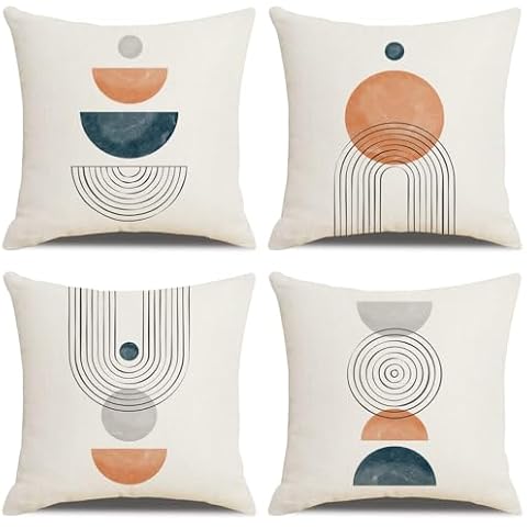 IcosaMro Boho Throw Pillow Covers 18x18 Set of 4 Mid Century Modern Geometric Cotton Linen Arch Sun Throw Pillow Case Decorative Cushion Cover for Couch Beadroom Sofa Cover