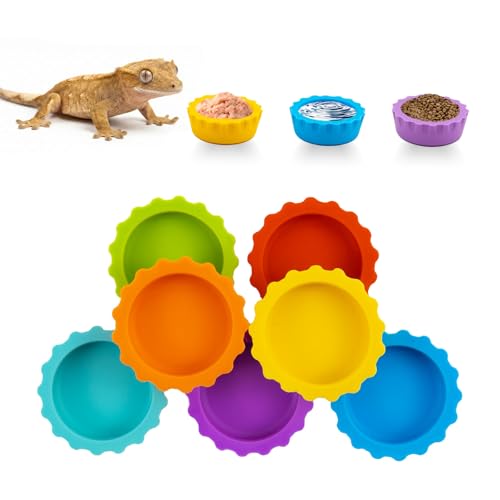 7 Pack Crested Gecko Food and Water Bowl, Eudimysx Reusable Small Reptile Feeding Dish, Gecko Tank Accessories for Hermit Crab, Tarantula, Isopods, Snails and Lizard, Silicone Easy Clean & 7 Colors