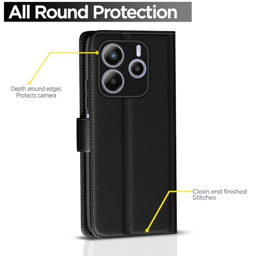 Image of Pikkme Flip Cover Leather Finish | Inside TPU with Card Pockets | Wallet Stand and Shock Proof | Complete Protection Button Flip Case for Redmi Note 14 5G (Black)