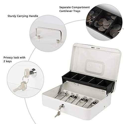 Image of KYODOLED Locking Cash Box with Lock,Money Box with Cash Tray,Lock Safe Box with Key,Money Saving Organizer,11.81Lx 9.45Wx 3.54H Inches,White XL Large