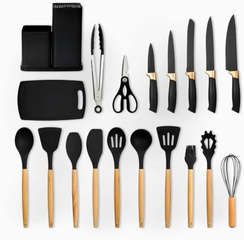 Conjunto Utensílios para Cozinha Silicone, Kit com 19 Peças, Espatulas e Facas, Organização para Coz