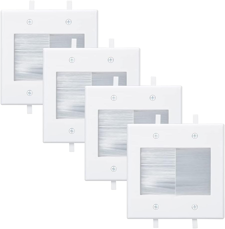 2 Gang Brush Wall Plate, White 2-Gang Wall Plate with Low Voltage Mounting Bracket for Cable Pass Through (Pack of 4)