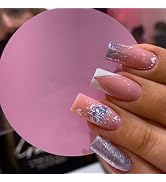 Valentines French Tips Press on Nails Medium Square Fake Nails with Silver Glitter Heart Design G...