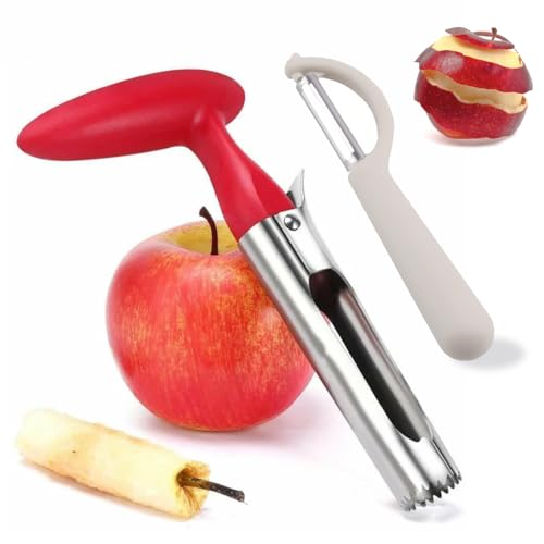 EIH1 Levatorsolo per Mele in Acciaio Inox,Levatorsolo mela,Togli Torsolo Mela, Incluso 1 Sbuccia mela, Mela Lama Seghettata Pera Core Remover Strumento, per la Casa e la Cucina(Rosso)