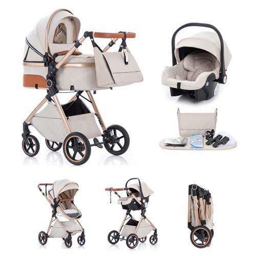 Kakbgee Cochecito 3 en 1 con Silla de Coche, Carrito bebé Plegable, Manillar 7 Alturas, Suspensión 4 Ruedas, Funda de Lluvia y Mosquitera, Sistema de Viaje para Recién Nacidos 0-3 Años (15kg), Beige