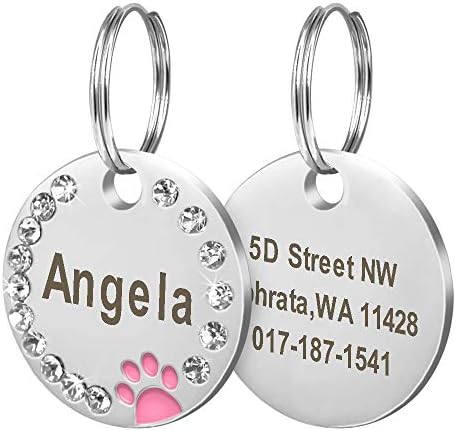 Didog Stainless Steel Custom Engraved Pet ID Tags,Round Crystal Rhinestones Tags with Pretty Paw Print,Double-Side Laser Engraving Tags Fit Small Medium Large Dogs and Kittens,Pink