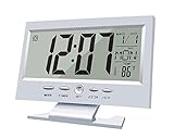 BESTWYA Sveglia silenziosa, multifunzione, controllo del suono, grande schermo LCD, orologio digitale, visualizzazione ora/calendario/settimana/temperatura, snooze (argento)