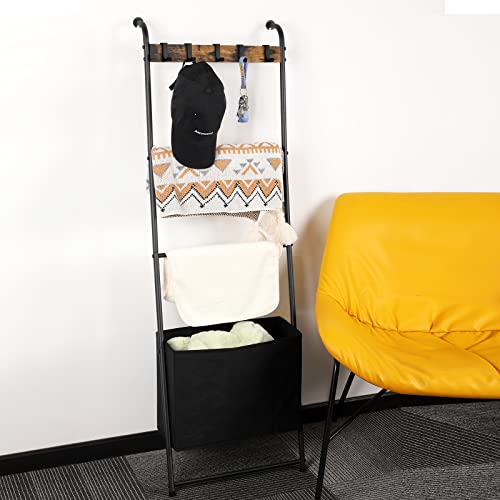 Blanket Ladder With Basket Towel Ladder Blanket Holder With Storage Basket 4 Tier Farmhouse Wall Leaning Ladder Rack With 5 Hanging Hooks For Bathroom Living Room Bedroom Rustic Brown #TOP5