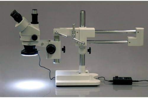 AmScope SM-4TZ-144-5MT Trinocular Stereo Microscope, WF10x Eyepieces, 3.5X-90X Magnification, 0.7X-4.5X Objective Power, 0.5X and 2.0X Barlow Lenses, 144-Bulb Ring-Style LED Light Source, Double-Arm Boom Stand, 110-240V, Includes 5MP Camera and Software