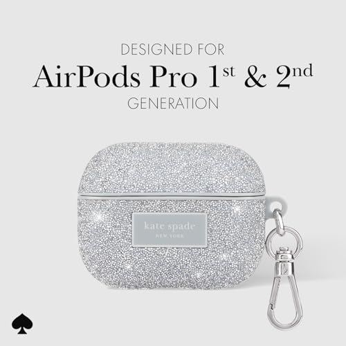 Image of kate spade new york AirPods Pro Protective Case with Keychain Ring - Crystal Pave Silver, Compatible with AirPods Pro 2nd / 1st Generation