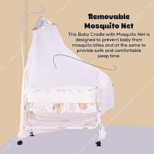 Image of BAYBEE CozyNest Baby Cradle and Swing Jhula for Newborn Babies with Removable Mosquito Net, Washable Fabric, Lockable Wheels & Safe Sleeping Bed Crib for Infants Up to 2 Years (Beige)