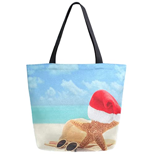 Christmas Beach Starfish Extra Large Canvas Shoulder Tote Storage Top Handle Bag for School Gym Weekender Summer Beach Travel Re