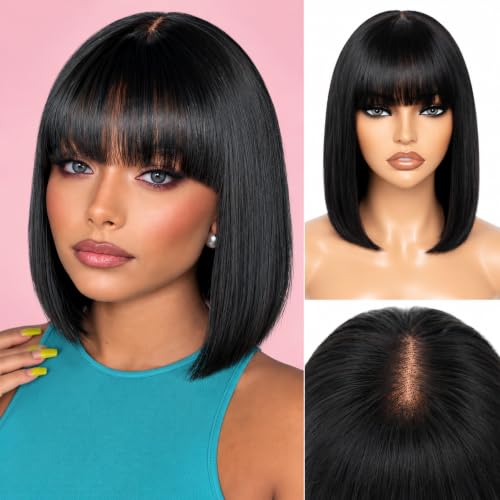 Adyutrlia Straight Bob Wig Human Hair With Bangs Glueless 2x4 HD Lace Colsure Wigs Ready to Go Human Hair Wig Short Wigs Human Hair For Women Beginner Friendly (Natural Black 10 Inch)