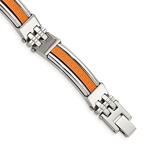 Ice Carats Stainless Steel Orange Greek Key Rubber Inlay 9 Inch Bracelet Contemporary Men Link Fashion Jewelry For Dad Mens Gifts For Him #TOP6
