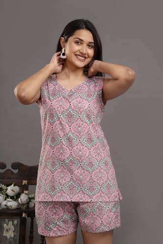 Image of Women's Cotton Printed Night Suit Set of Top & Shorts Sleeveless Women's Lounge Wear Set