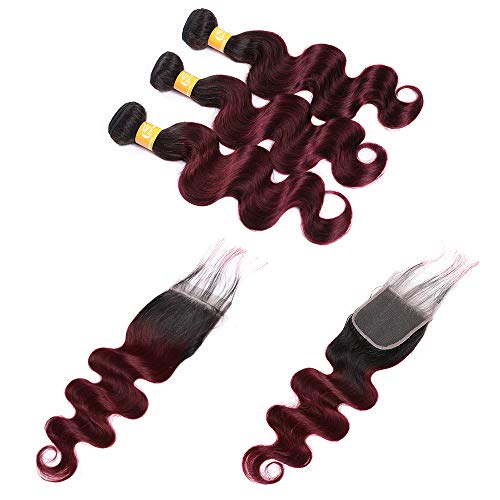 Remy Hair 3 Bundles With Closure Ombre 1b/99j Burgundy Two Tone Unprocessed Brazilian Virgin Human Hair Extensions Body Wav Hair Weft With Closure(18 20 22+16 Inch Closure)