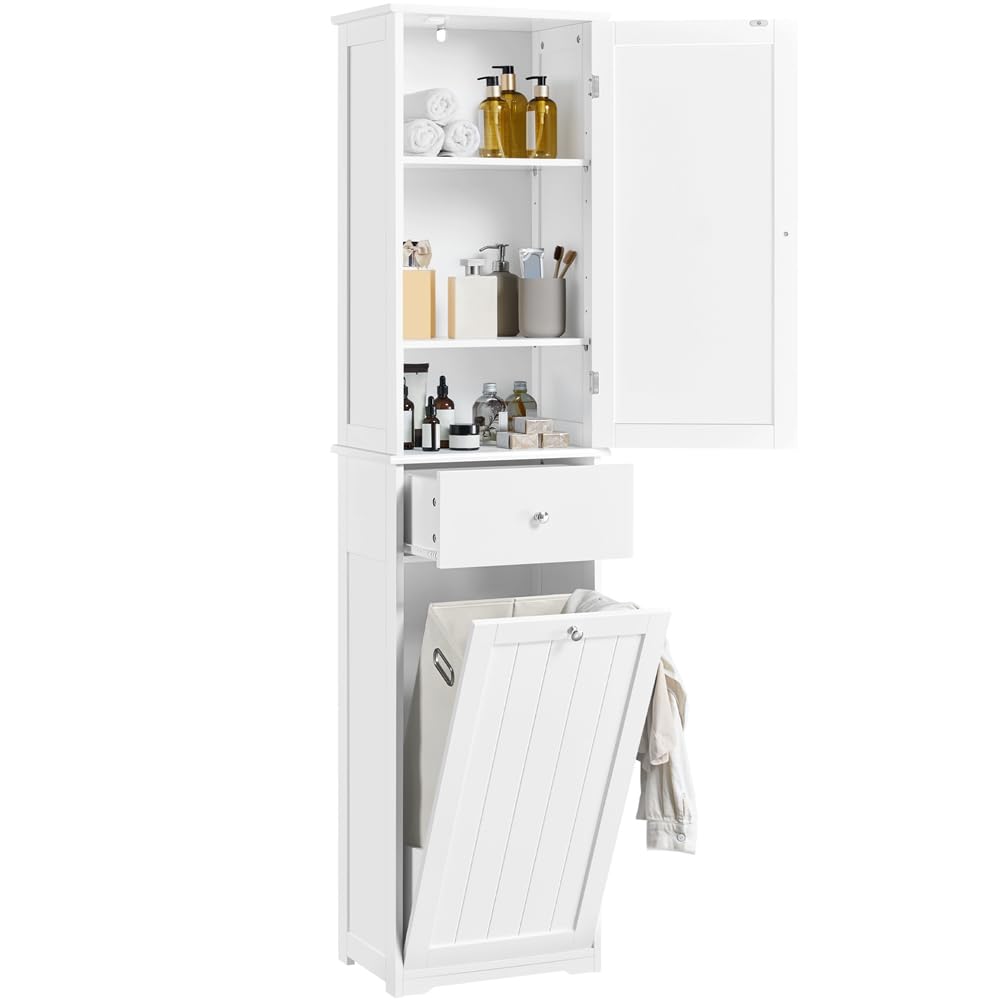 Yaheetech Armario de de Baño Alto Mueble Auxiliar de Baño 45x30x180 cm Armario Estrecho con 1 Armario Cerrado de 3 Estantes Ajustables 1 Cajón y 1 Cesta de Lavandería Blanco