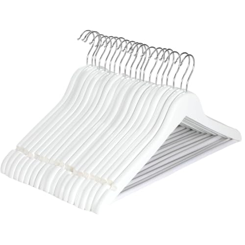 20 White Wooden Hangers Coat Hangers Clothes Hangers with Shoulder Notches Trousers Bar 360 Swivel Hook for Suits Shirts Coats Natural Pack of 20 (20 Pack White)