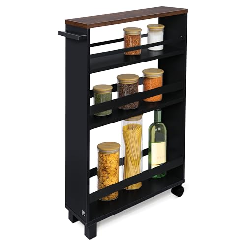 bomoe Carrito Auxiliar con Ruedas Hylla 50x79x15 cm - Mueble Auxiliar para almacenaje – Verdulero o Mesa Auxiliar con 2 Ruedas, 2 piés, 3 Compartimentos y Superficie de Madera FSC® Negro & Marrón
