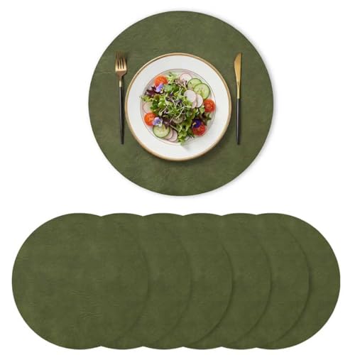 Artoid Mode Olive Green Faux Leather Placemats Set of 6, 15 Inch Waterproof Wipeable Heat Resistant Vinyl Place Mats, Reversible Table Mats for Kitchen Dining Decor