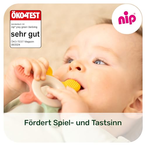 nip – Beißring | Nachhaltiger Beißring für Babys ab 3 Monaten aus über 65% natürlichen Rohstoffen. Beißring zur sanften Massage von Zahnfleisch, Zunge und Zähnchen | Rot/Grün/Orange