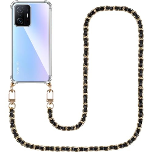Cover per Xiaomi 11T Pro 5G con Cordino Trasparente Custodia con Catena Laccio Tracolla Cellulare Girocollo Collana Protettiva per 11T 5G 6.67 pollici silicone oro nero