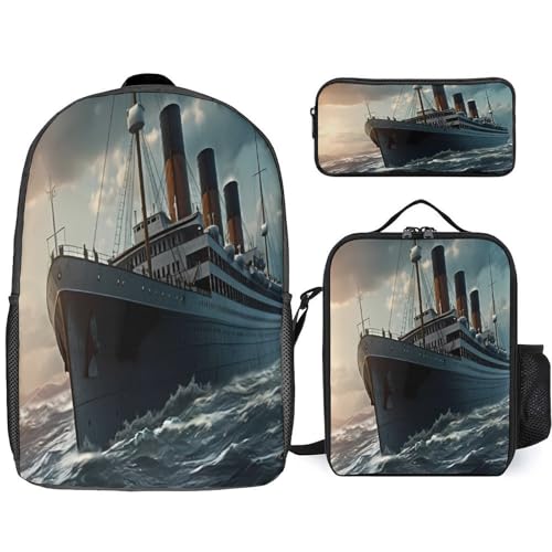 Titanic Sailing Ship 3Pcs Backpack Set 17 Inch Laptop Backpack Travel Daypack with Lunch Box Pencil Case