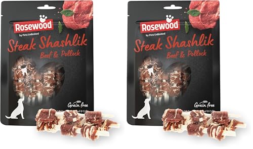 Rosewood Steak Schaschlik Rind & Seelachs- Kausnack aus Rinderhaut mit Rind und Seelachs, vollgepackt mit Proteinen, unterstützt die Zahnpflege, ohne Getreide, ohne künstliche Zusatzstoffe, 100 g