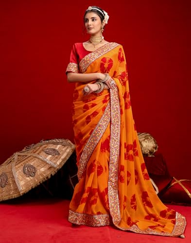 Image of SIRIL Women's Georgette Bandhani Printed Embroidery Lace Saree With Unstitched Blouse Piece