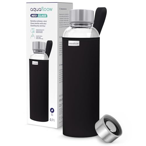 Aquafloow Borraccia con Custodia 700 ml, in Vetro borraccia acqua Borosilicato Trasparente con Coperchio Protettivo e Tappo a Vite, Ideale per Lavoro, Scuola, Fitnes – Noir