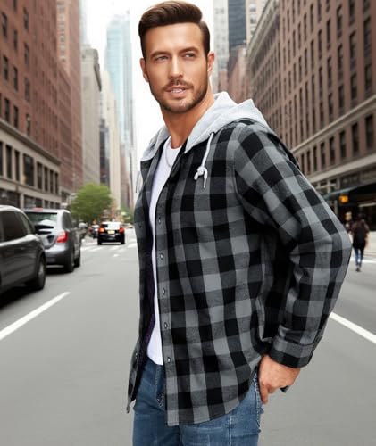 3-Pack Men's Plaid Hooded Button-Up Shirts Long Sleeve Cotton Hoodies Loose Fit Casual Tops Flannel Shirt — view 2