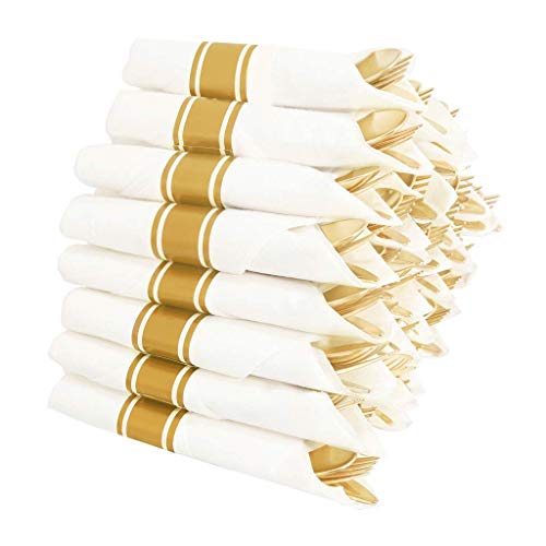 WELLIFE 50 Pack Gold Plastic Silverware, Pre Rolled Napkins with Gold Cutlery, Disposable Gold Hammered Flatware with White Napkins, Includes: 50 Forks, 50 Knives, 50 Spoons, 50 Napkins