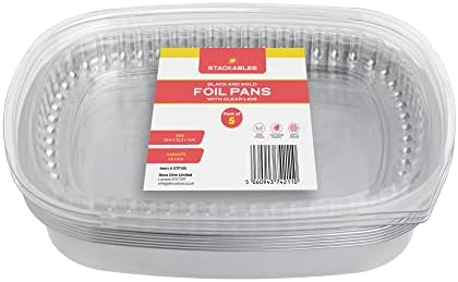 STACKABLES ~ Pack of 5 Aluminium Foil Solid Silver Trays With Clear Lids 28 X 22cm (11 x 8.7 inch)~ Food Storage Container Reusable Pans with Lids
