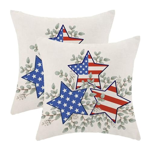 Jecuwo 4th of July Patriotic Pillow Covers 16x16 Inch Set of 2, Eucalyptus Leaf Decorative Throw Pillowcase Independence Day Star Stripes Outdoor Cushion Cover for Sofa Couch Living Room Bed Decor