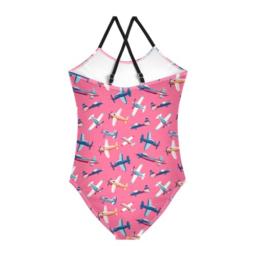 senya Girls Swimsuits One-Piece Swimwear Tie Bathing Suit Beach Summer Round Neck 7-8T Airplane Pink Background Pattern2