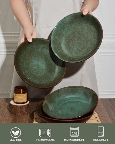 Image of Pokini 12 Piece Dinnerware Sets with Pasta Bowls, Stain Resistant Dish Set, Easy Cleaning Dishes, Multi-Functional Plate and Bowl Set, Stack Compactly Plates, Service for 4 Sage Green