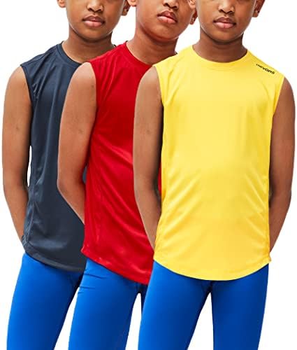 DEVOPS Boys 3 Pack Baselayer Workout Tank Top Sleeveless (Small, Charcoal/Red/Yellow)