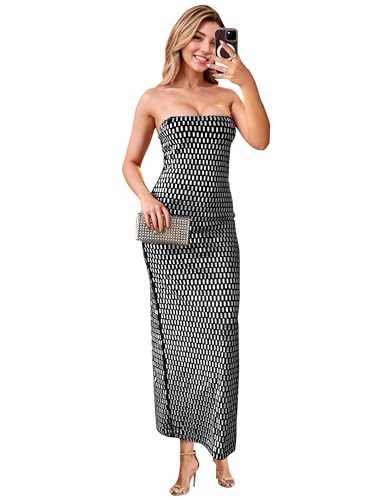 Figdaw Strapless Rhinestone Maxi Dress Sequin Dresses Sexy Evening Gowns for Women Formal Elegant 2025,Black,L,C6962