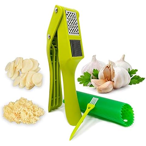 Cettkowns Garlic Press, 2 in 1 Garlic Slicer and Mincer with Silicone Tube Peeler and Cleaning Brush for Garlic, Ginger, Nuts & Seeds Cover