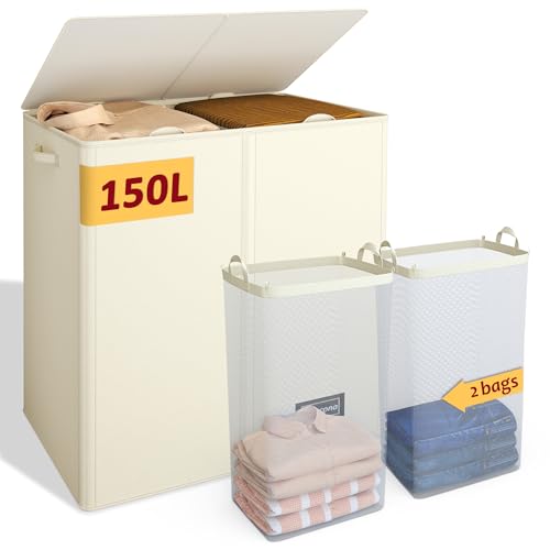 150L Laundry Hamper 2 Section, Large Laundry Hamper with Lid, Dirty Clothes Hamper with 2 Removable Inner Bags, Collapsible Laundry Basket Organizer for for Clothes Toys Towels, Hamper 2 Compartment