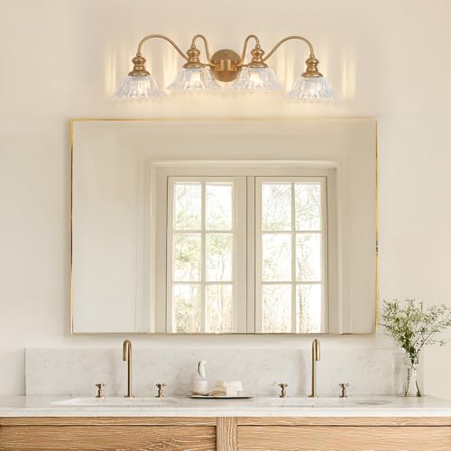 Image of 4 Lights Gold Vintage Bathroom Vanity Light Fixture Over Mirror | Floral Transparent Glass Shades,Antique Wall Sconces,Wall Mount Up or Down, E26 Socket, Hardwired