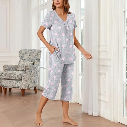 Image of Bestbee Women's Pajama Sets 2 Piece Lounge Outfits Summer Sleepwear V Neck Short Sleeve Capri Pant With Pockets Ladies Pjs