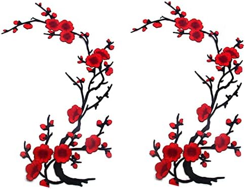 zeng/WANLIAN Decorative Patches,Embroidered Iron-On Patch, Embroidery Applique by DIY Cloth Art Embroidery Decoration Jeans Hats Blouses Sewing sew Shirts Appliques (Plum Flower Patches, Red/Black)