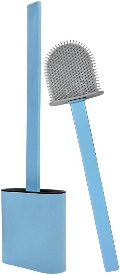 Silicone Toilet Brush and Holder Set – Flexible Soft Bristle Bathroom Cleaning Brush – Under Rim Cleaner – Modern & Durable (Blue)