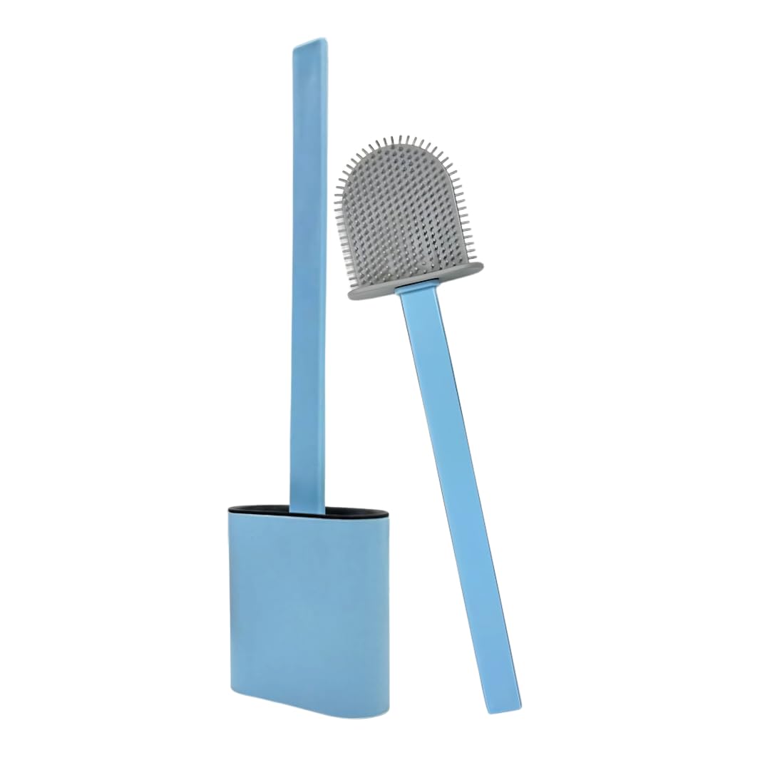 Halsgroves Of Devon Blue Silicone Toilet Brush And Holder Set – Flexible Soft Bristle Bathroom Cleaning Brush – Under Rim Cleaner – Modern & Durable (Blue)