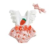 PENNSOY Baby Girl Easter Outfits Hollow Out Flying Sleeveless Square Neck Carrot Print Bodysuit with Bow Headband (Orange, 3-6 Months)